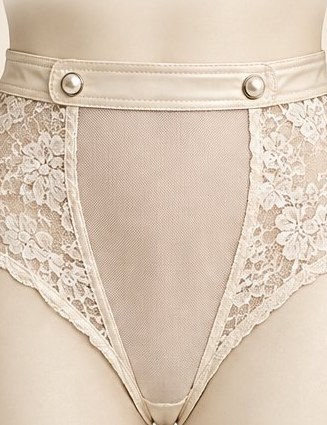 Pearl Snap — cream mesh and lace brief with pearl-snap studs